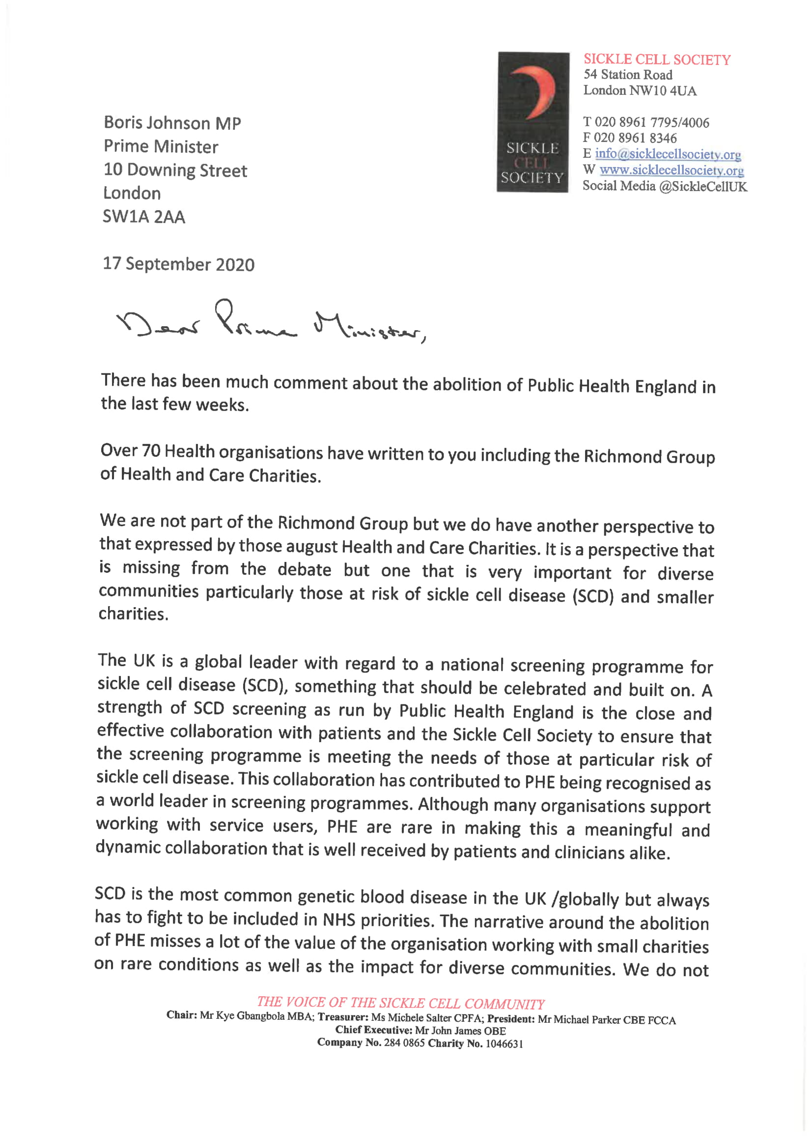 SCS Letter to the Prime Minister-1 » Sickle Cell Society